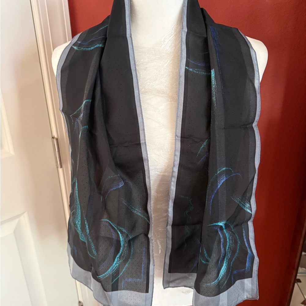 Black Silk Scarf with Blue and Gray Accents